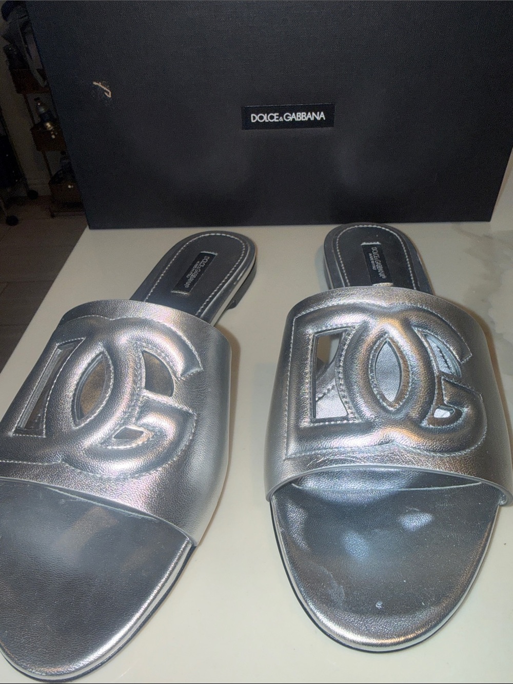 Dolce & Gabbana Silver Metallic Logo Slide Mules